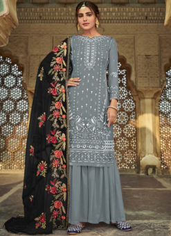 Beautiful Grey Faux Georgette With Heavy Embroidery Sequence Work Salwar Suit
