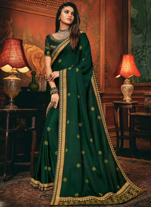 Party Wear Satin Silk Beautiful Green Embroidered Work Saree