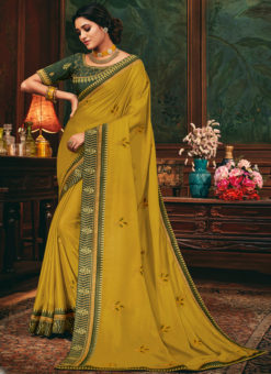 Elegant Mustard Satin Silk Embroidered Work Wedding Saree