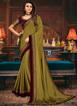 Beautiful Satin Silk Mehendi Green Lace Border Designer Saree