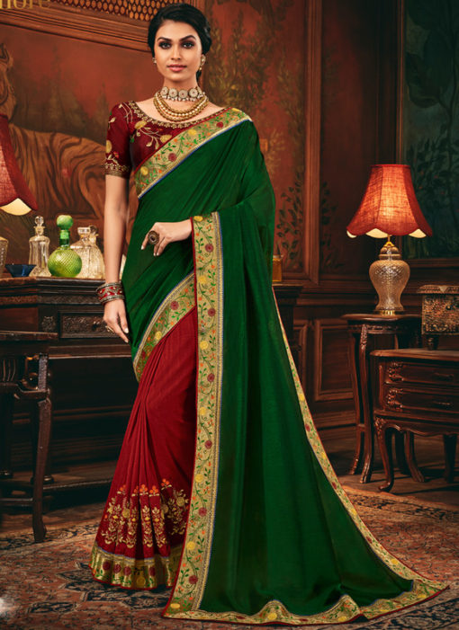 Excellent Green And Red Embroidered Work Wedding Designer Saree