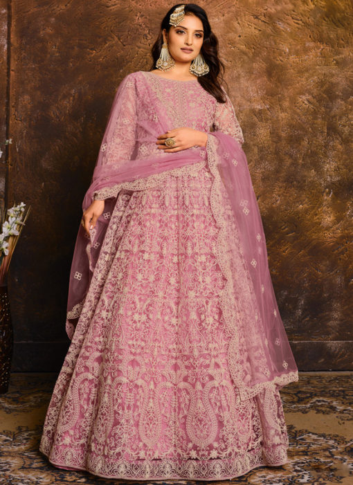Lavish Purple Net With Heavy Work Designer Anarkali Suit