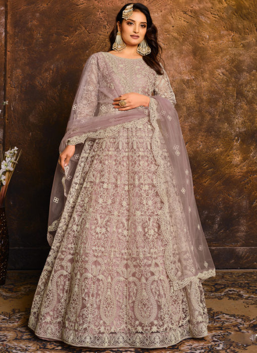 Amazing Net With Heavy Work Lavender Designer Anarkali Suit