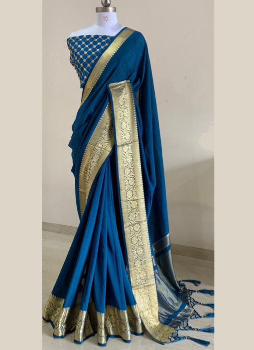 Classic Blue Silk With Woven Border And Sequence Blouse Designer Saree