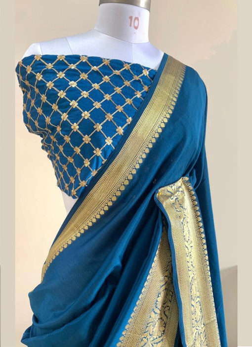 Classic Blue Silk With Woven Border And Sequence Blouse Designer Saree