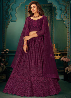 Elegant Purple Net With Satin Embroidered Work Wedding Lehenga Choli
