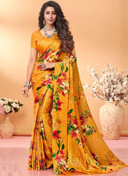 Lovely Mustard  Floral Print Jacquard Silk Casual Wear Saree