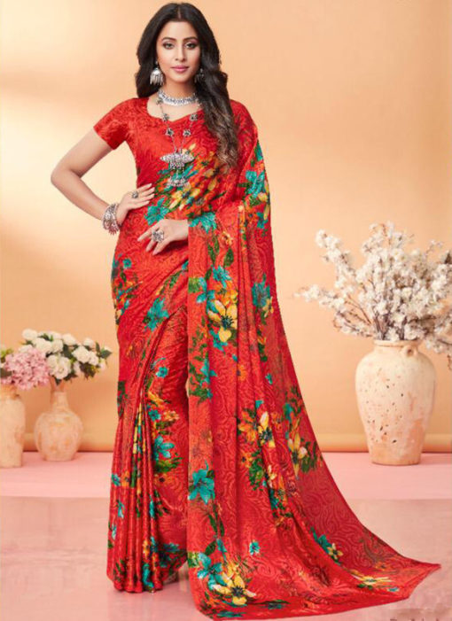 Amazing Red Floral Print Jacquard Silk Casual Wear Saree