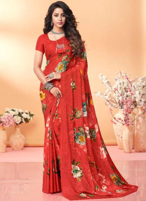 Lavish Red Floral Print Jacquard Silk Casual Wear Saree