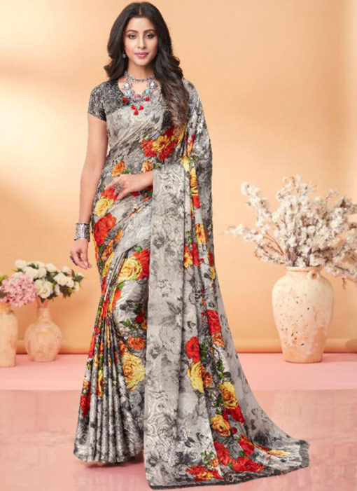 Beautiful Grey Floral Print Jacquard Silk Casual Wear Saree