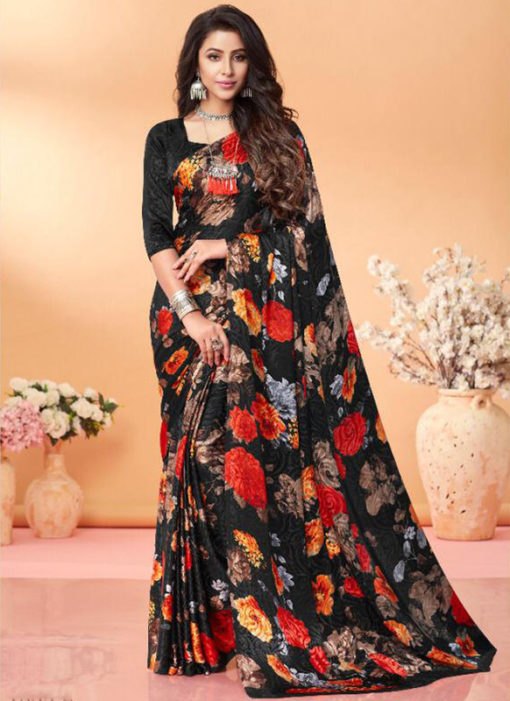 Wonderful Black Floral Print Jacquard Silk Casual Wear Saree