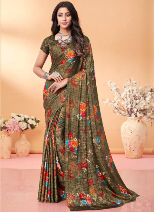 Classic Brown Floral Print Jacquard Silk Casual Wear Saree