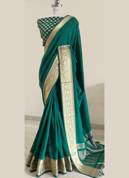 Elegant Green Silk With Woven Border And Sequence Blouse Designer Saree