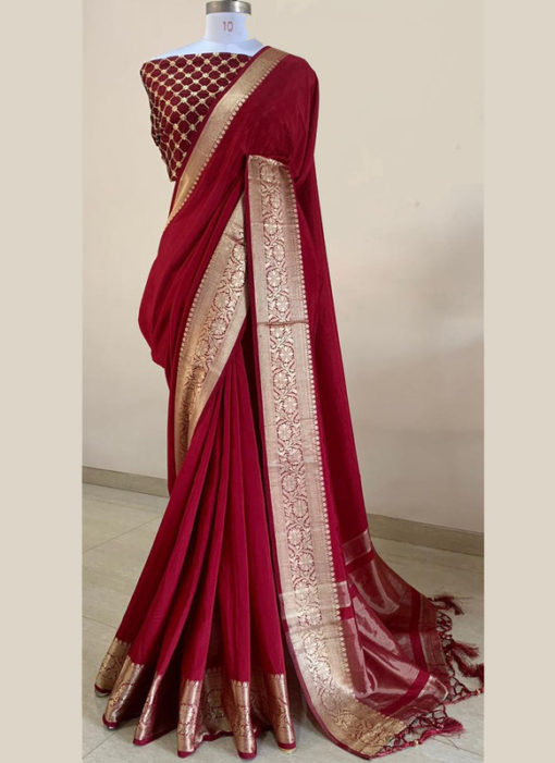 Jazzy Marron Silk With Woven Border And Sequence Blouse Designer Saree