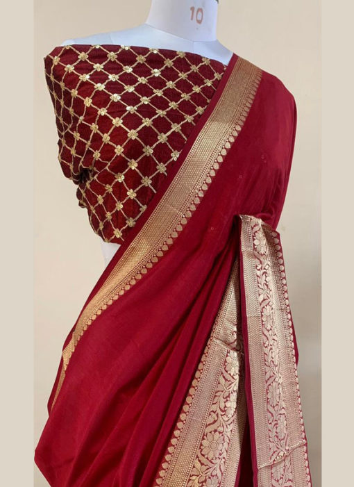 Jazzy Marron Silk With Woven Border And Sequence Blouse Designer Saree