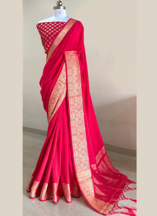 Attractive Pinkish Silk With Woven Border And Sequence Blouse Designer Saree