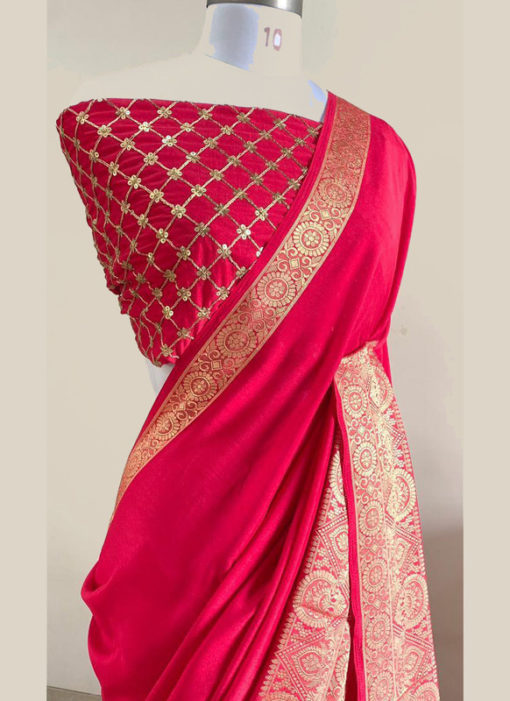 Attractive Pinkish Silk With Woven Border And Sequence Blouse Designer Saree