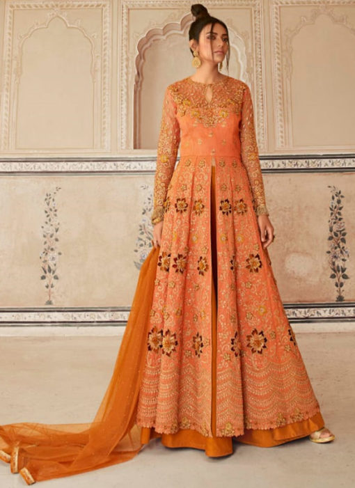 Stunning Orange Embroidered Work Designer Net Anarkali Suit