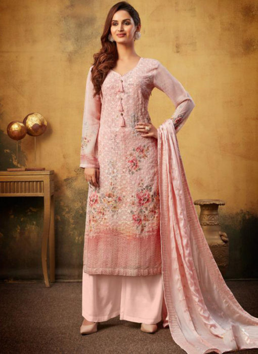 Attractive Pink Viscose Embroidered Work & Printed Designer Palazzo Suit