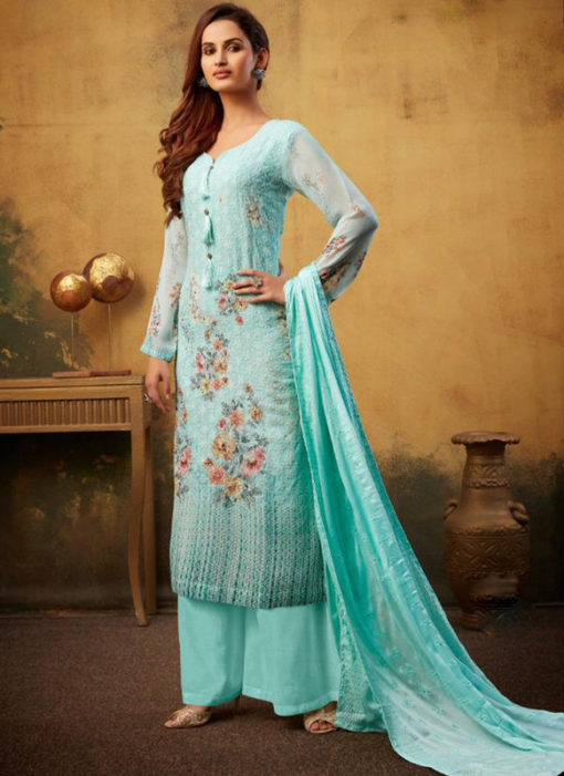 Awesome Sky Blue Embroidered Work And Printed Viscose Designer Palazzo Suit