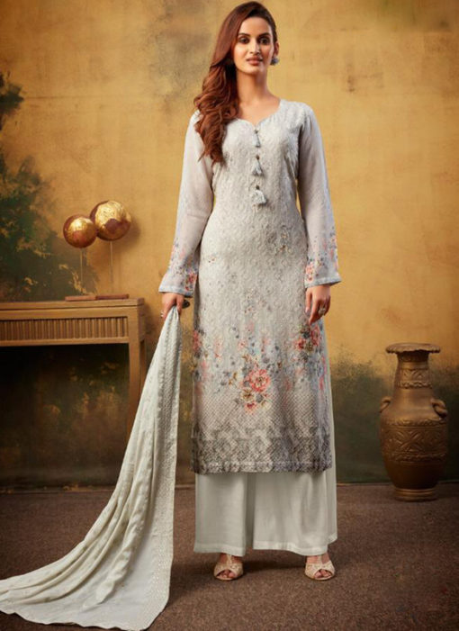 Stunning Grey Printed And Embroidered Work Designer Palazzo Suit