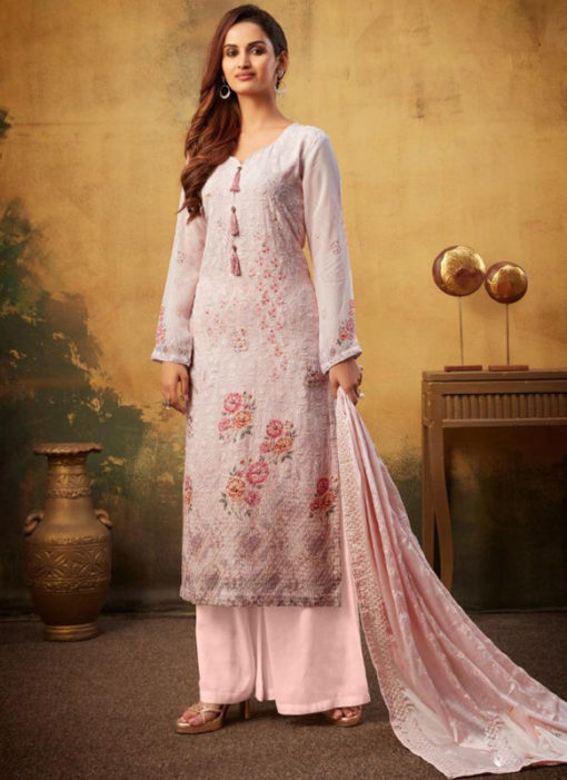 Graceful Pink Viscose Designer Embroidered And Printed Palazzo Suit