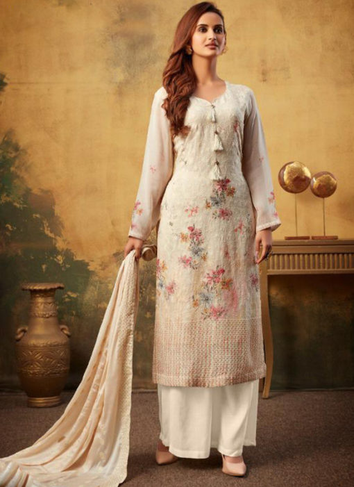 Classic Cream Printed And Embroidered Work Designer Viscose Palazzo Suit