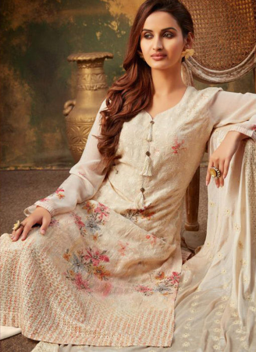 Classic Cream Printed And Embroidered Work Designer Viscose Palazzo Suit
