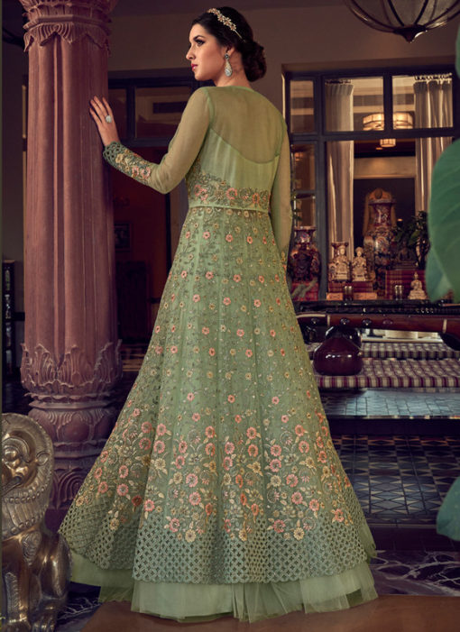 Adorable Green Butterfly Net Embroidered Work Designer Anarkali Suit