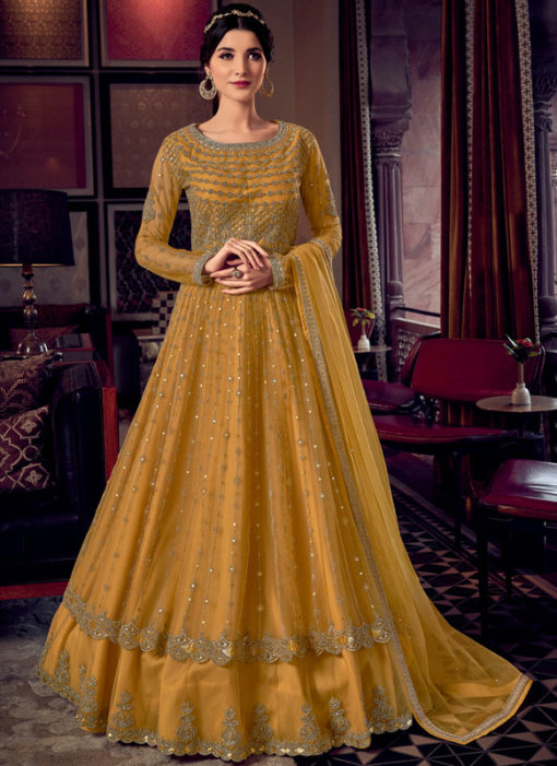 Pleasing Yellow Butterfly Net Embroidered Work Designer Anarkali Suit