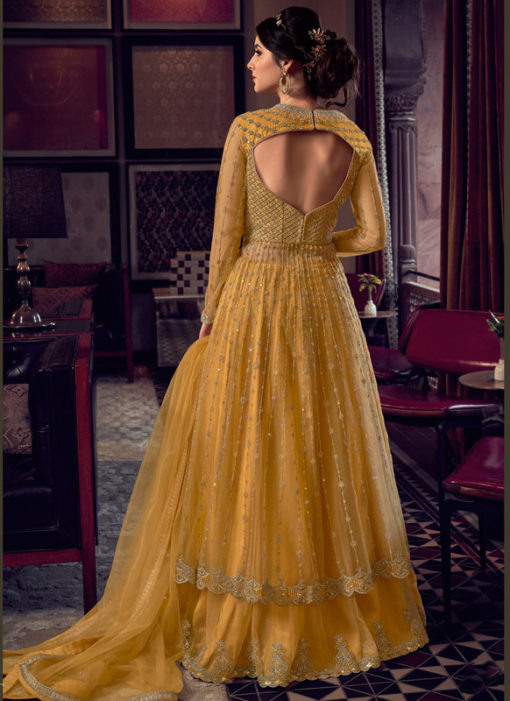 Pleasing Yellow Butterfly Net Embroidered Work Designer Anarkali Suit