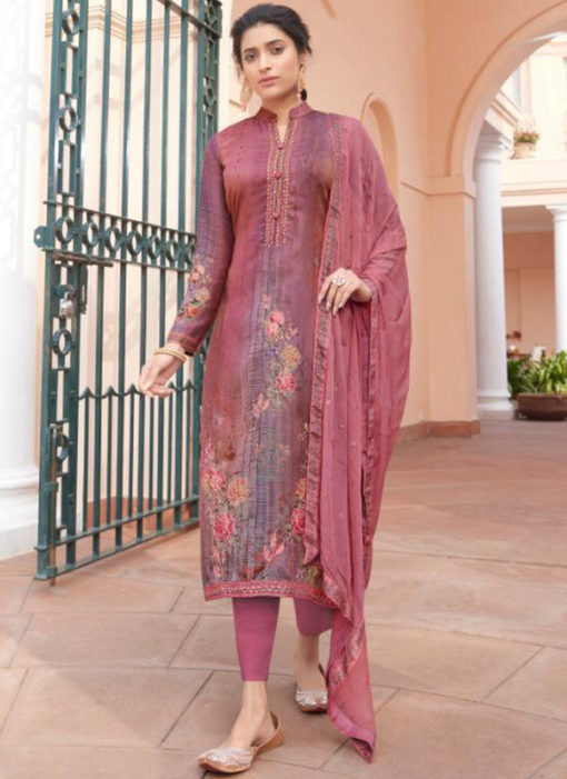 Karma Pink Jam Satin Digital Print And Handwork Designer Salwar Suit