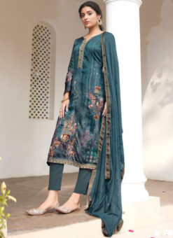 Karma Blue Jam Satin Digital Print And Handwork Designer Salwar Suit