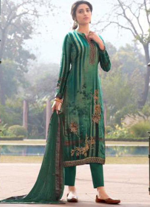 Karma Green Jam Satin Digital Print And Handwork Designer Salwar Suit
