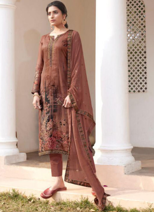 Karma Brown Jam Satin Digital Print And Handwork Designer Salwar Suit