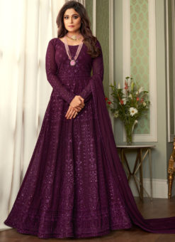 Catchy Purple Embroidered Work Designer Georgette Anarkali Suit