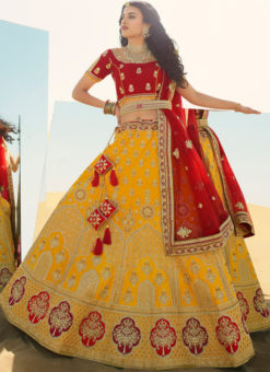 Yellow Raw Silk Embroidered Work Wedding Designer Lehenga Choli
