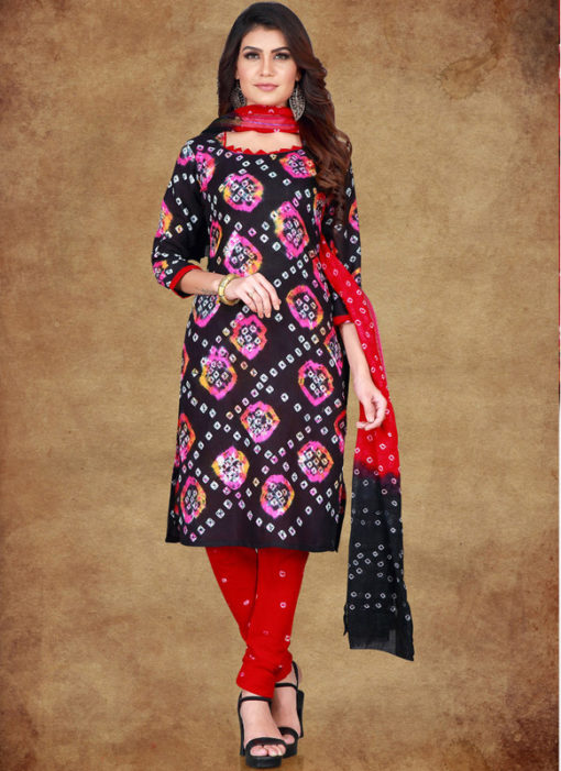 Black Cotton Printed Casual Wear Un-Stitched Dress Material