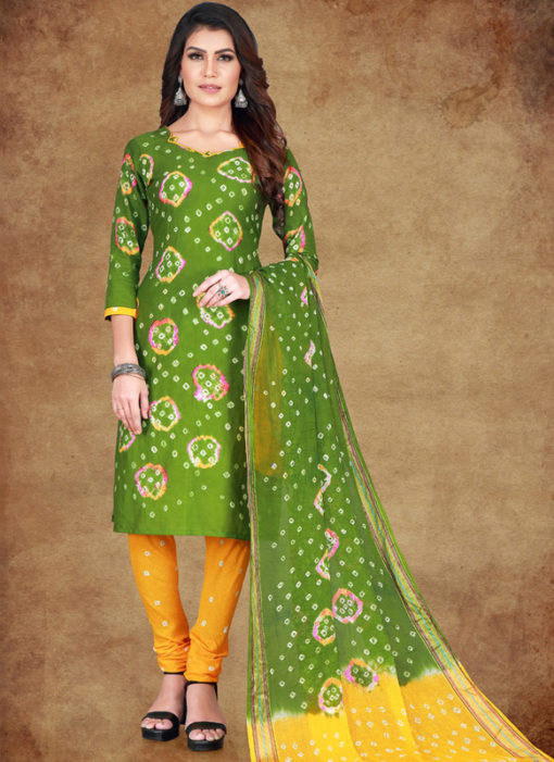 Mahendi Green Cotton Printed Casual Wear Un-Stitched Dress Material