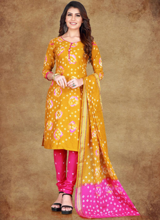 Golden Cotton Printed Casual Wear Un-Stitched Dress Material