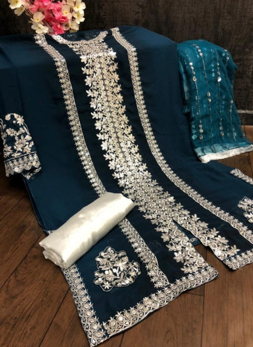 Aqua Blue Georgette Sequance Work Designer Pakistani Suit