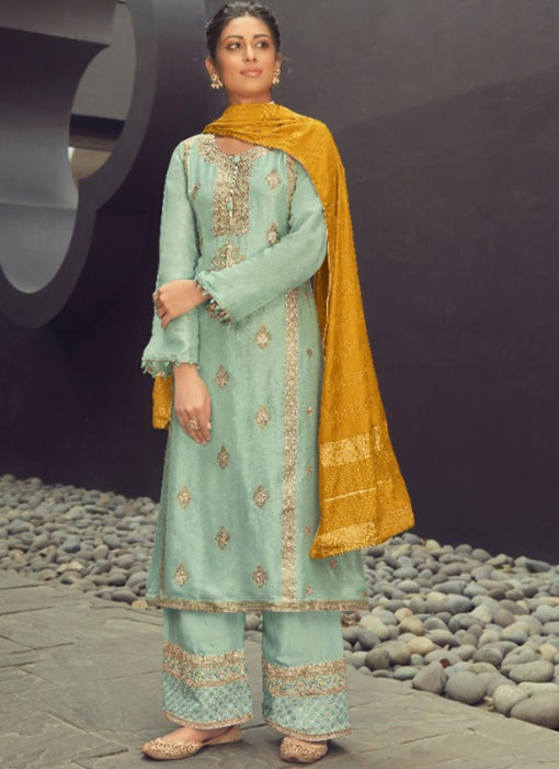 Karma Sea Green Silk Jacquard Embroidered Work Designer Pakistani Suit