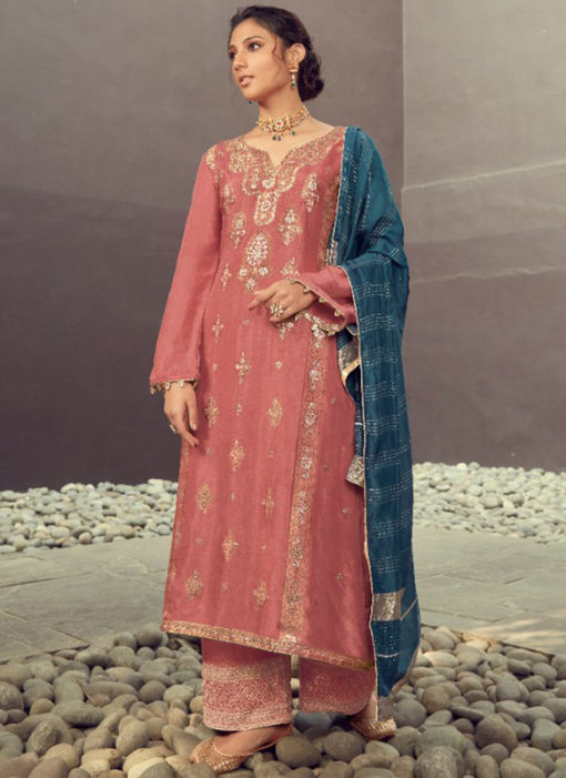 Karma Wine Silk Jacquard Embroidered Work Designer Pakistani Suit