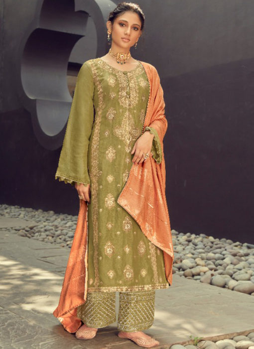 Karma Green Silk Jacquard Embroidered Work Designer Pakistani Suit