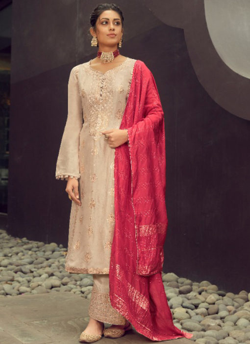 Karma Cream Silk Jacquard Embroidered Work Designer Pakistani Suit