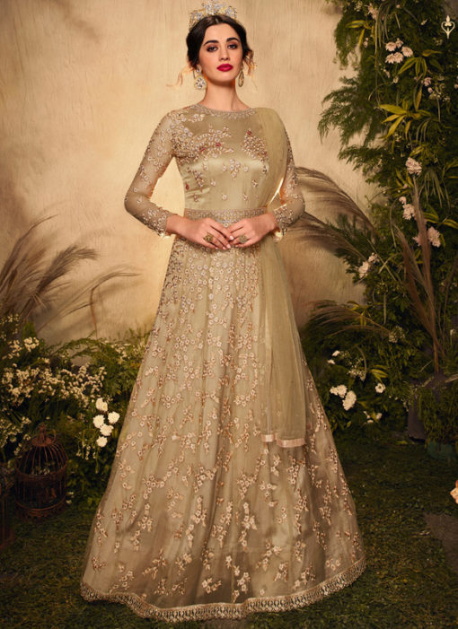 Golden Designer Net Glitter Work Reception Anarkali Suit