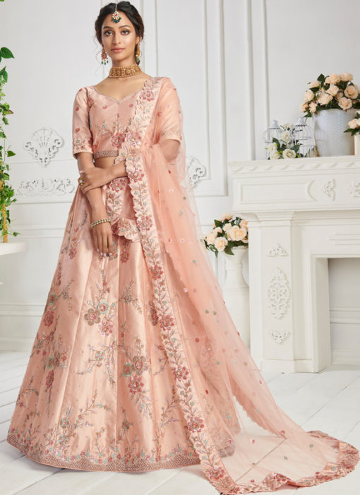 Designer Silk Embroidered Work Wedding Peach Lehenga Choli