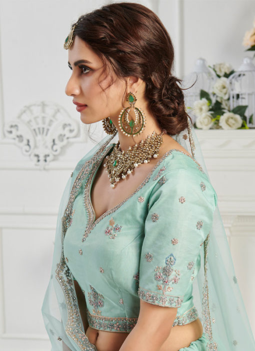 Sky Blue Embroidered Work Designer Silk Wedding Lehenga Choli