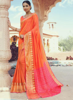 Orange And Shaded Pink Jacquard Zari Weaving Party Wear Saree