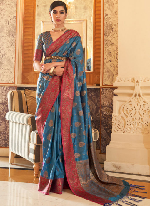Blue Handloom Silk Thread Work Designer Traditional Saree